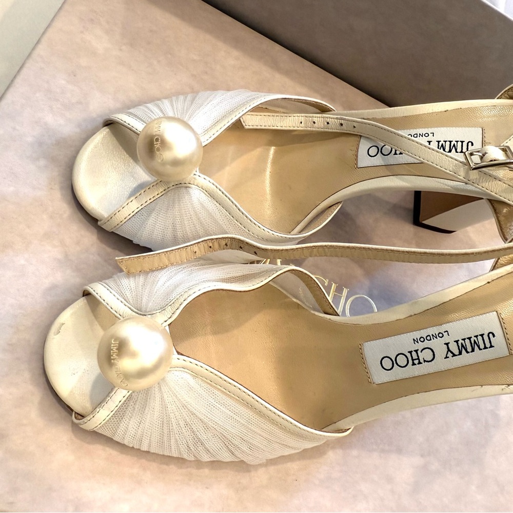 JIMMY CHOO Sacaria 85 Block Heels Sandals Cream White Bridal Pearl 37.5 7.5 - Picture 11 of 14